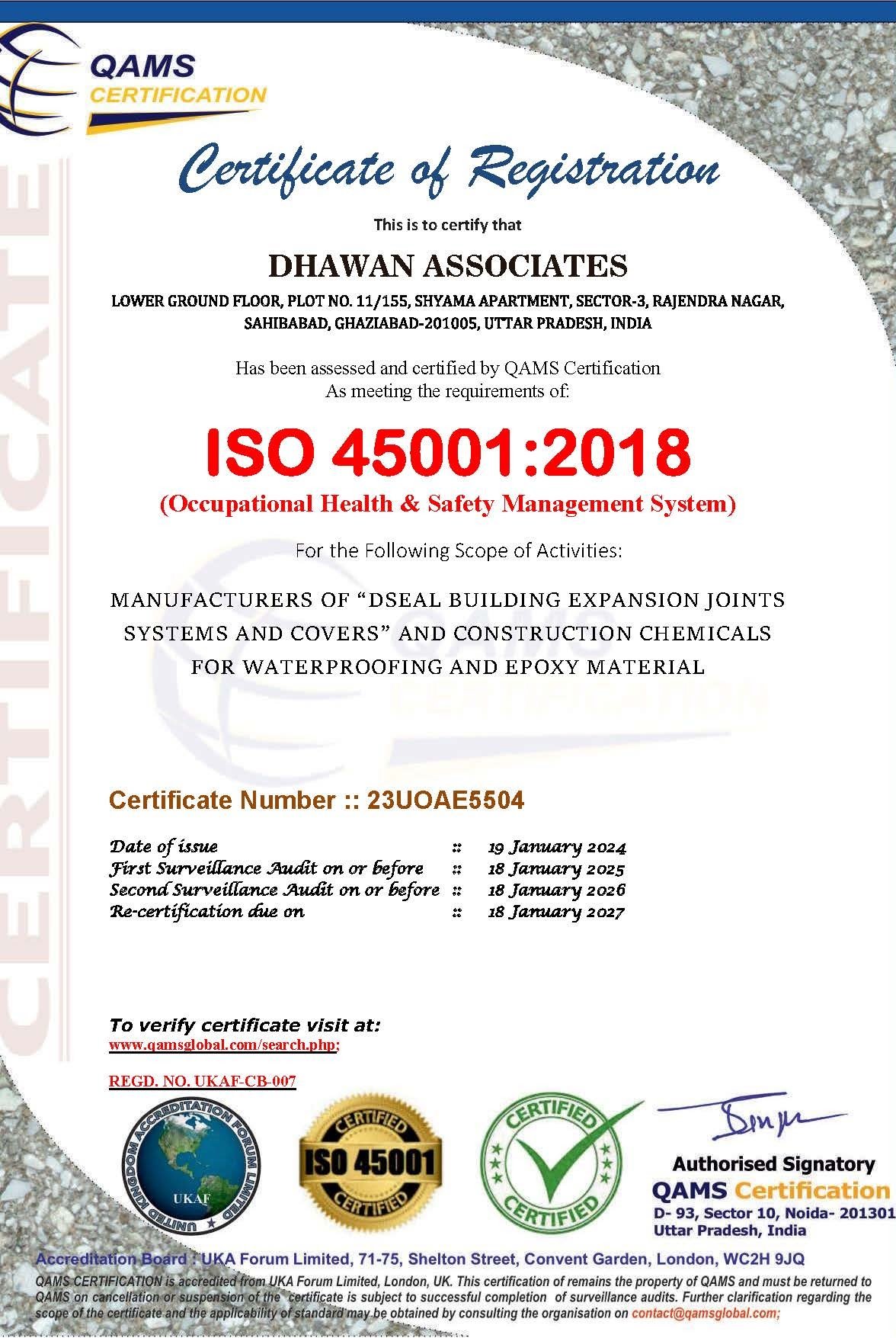 Dseal / Dhawan Associates ISO 45001:2018 Occupational Health & Safety certificate