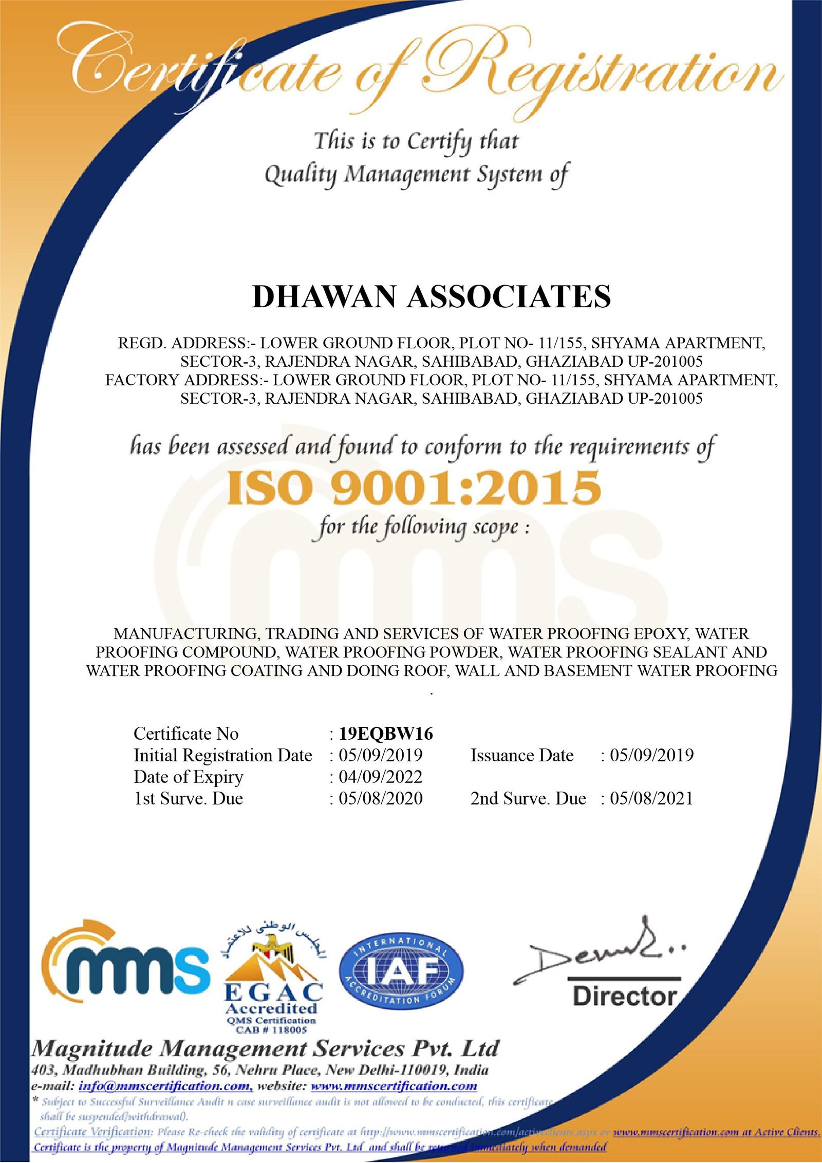 Dseal / Dhawan Associates ISO 9001:2015 Quality Management certificate