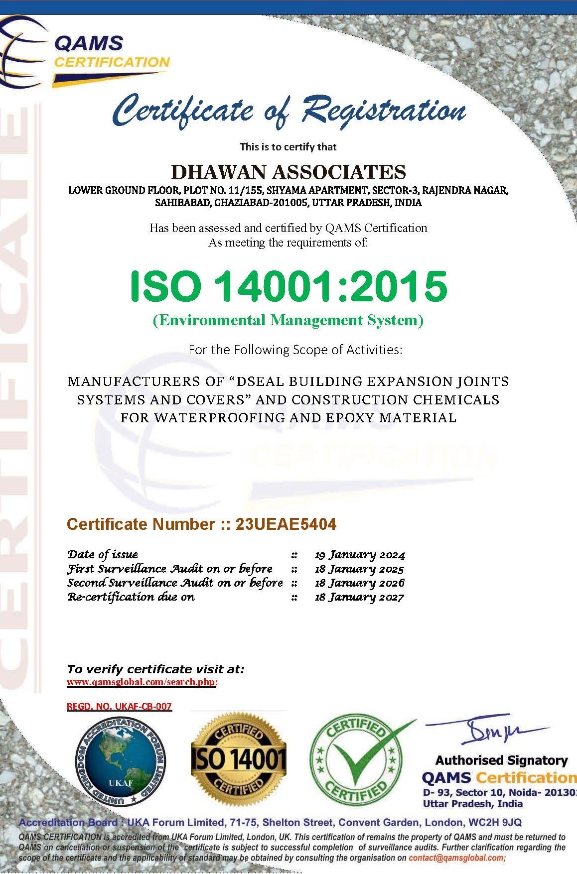 Dseal / Dhawan Associates ISO 14001:2015 Environmental Management certificate